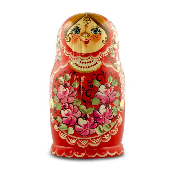 Set of Girls in Red Dress Wooden Nesting Dolls 7 Inches