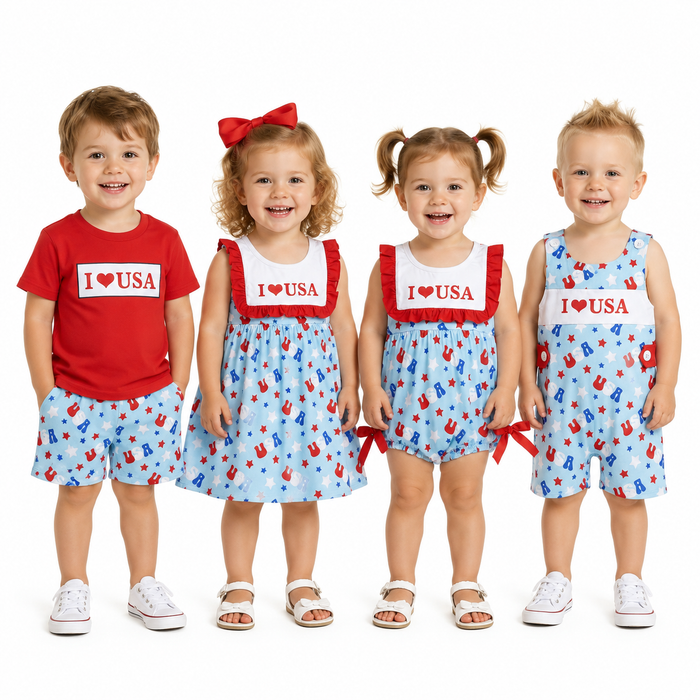 Sibling 4th of July Kids Clothes - "I ❤️ USA" Red White Blue Patriotic Collection