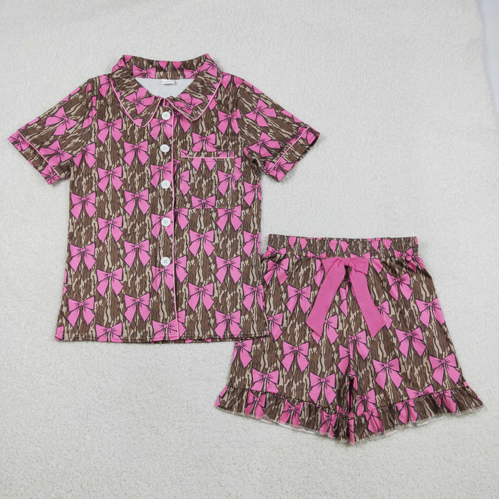 Sibling Adult Women Camo Bows Button Pocket Ruffle Shorts Hunting Pajamas Sets