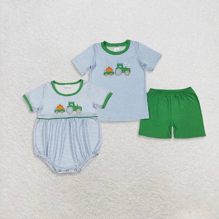 Sibling Baby Boys Blue Stripe Embroidery Pumpkin Truck Top Short Fall Clothes Sets Rompers