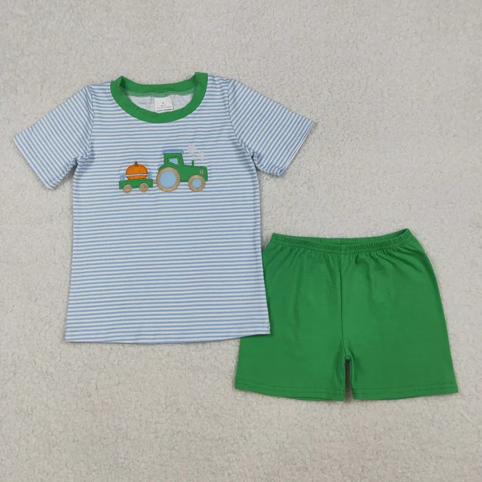 Sibling Baby Boys Blue Stripe Embroidery Pumpkin Truck Top Short Fall Clothes Sets Rompers