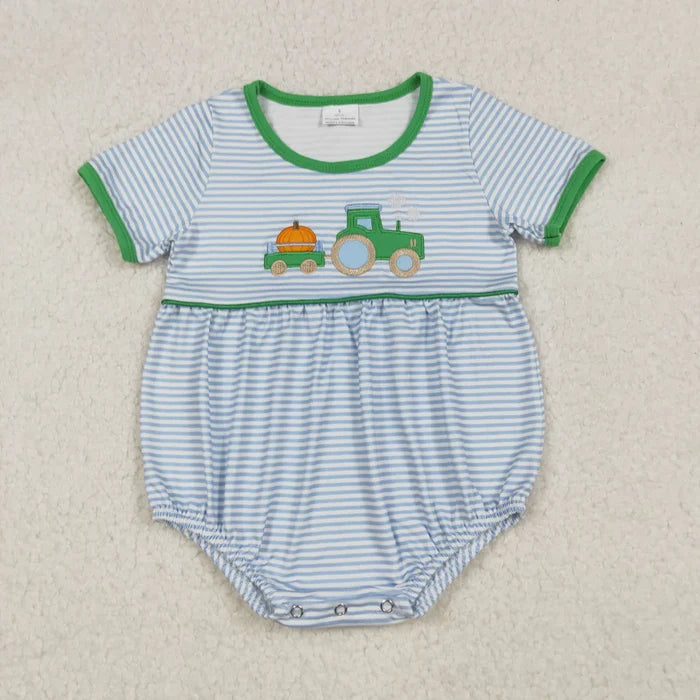 Sibling Baby Boys Blue Stripe Embroidery Pumpkin Truck Top Short Fall Clothes Sets Rompers