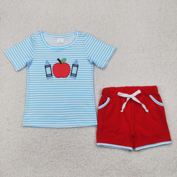 Sibling Baby Boys Embroidery Apple Pencils Top Pockets Short Back to School Clothes Sets