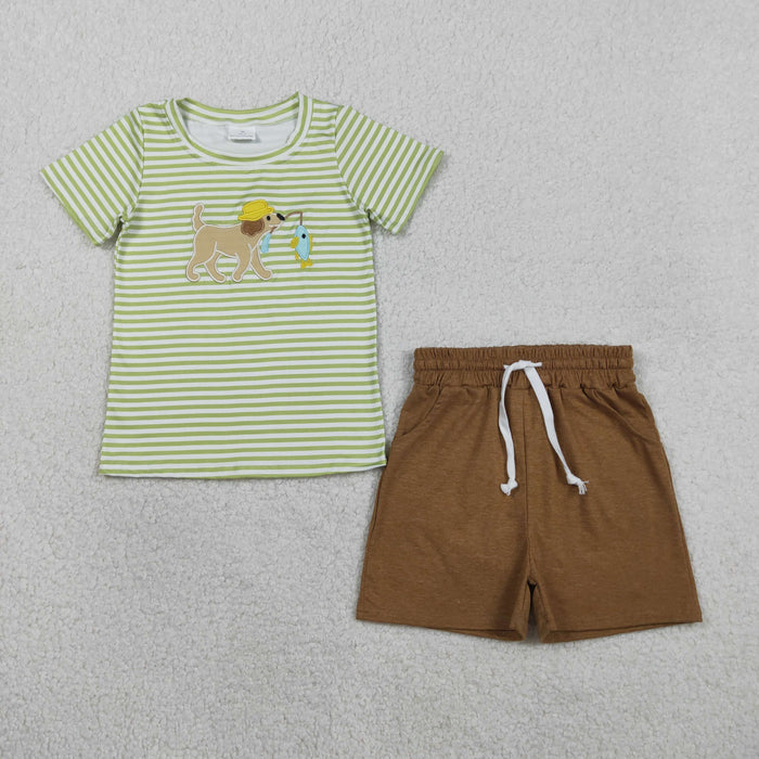 Sibling Baby Boys Embroidery Dog Fishing Stripe Top Short Hunting Clothes Set Rompers