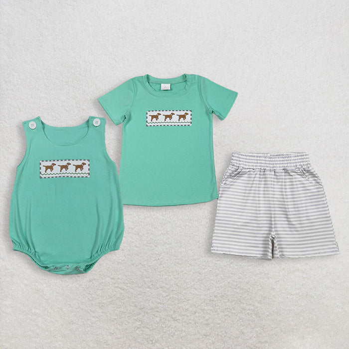 Sibling Baby Boys Embroidery Dogs Top Pockets Stripe Shorts Hunting Clothes Set Rompers