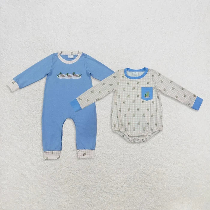 Sibling Baby Boys Embroidery Ducks Blue Checked Hunting Rompers
