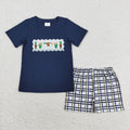 Sibling Baby Boys Embroidery Ducks Calls Top Blue Checked Shorts Hunting Clothes Set Romper