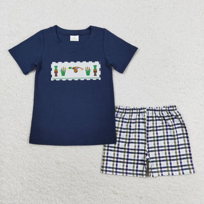 Sibling Baby Boys Embroidery Ducks Calls Top Blue Checked Shorts Hunting Clothes Set Romper