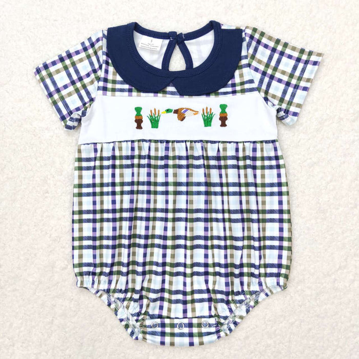 Sibling Baby Boys Embroidery Ducks Calls Top Blue Checked Shorts Hunting Clothes Set Romper