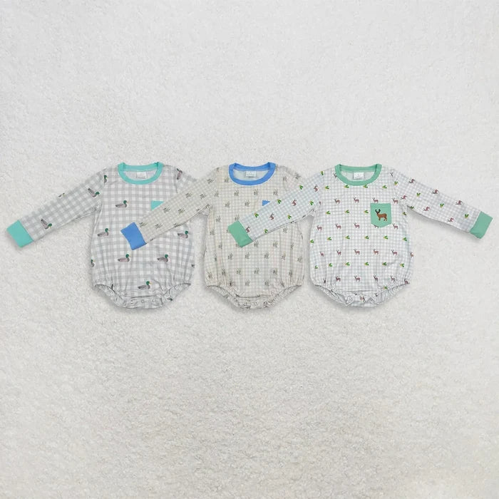 Sibling Baby Boys Embroidery Ducks Deer Pockets Hunting Checked Rompers