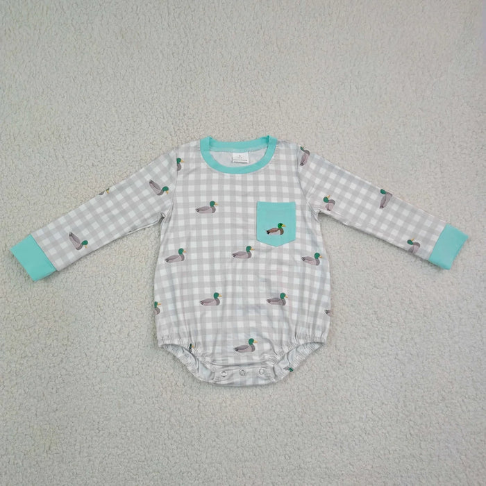 Sibling Baby Boys Embroidery Ducks Deer Pockets Hunting Checked Rompers