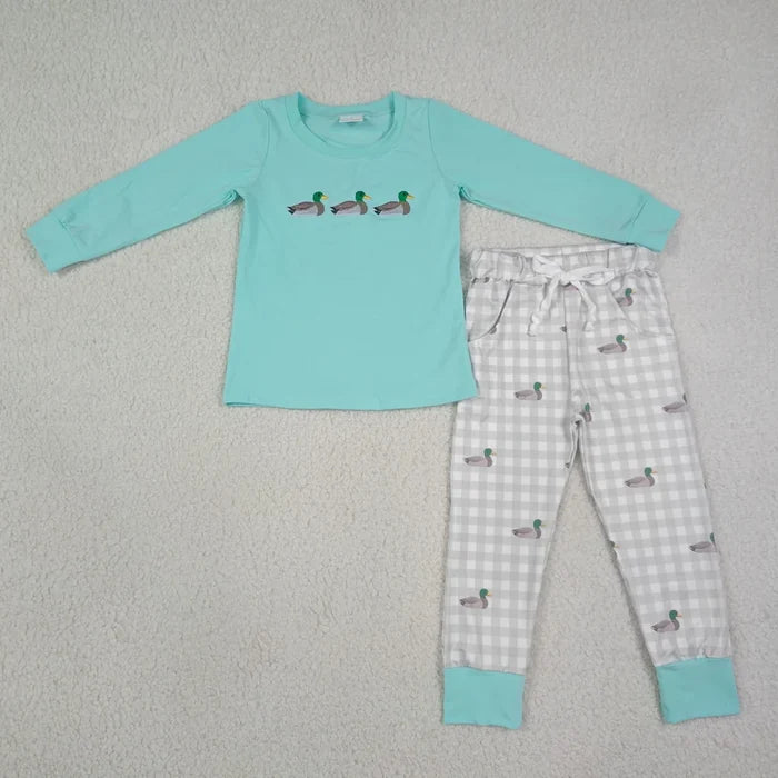 Sibling Baby Boys Embroidery Ducks Top Checked Pockets Jogger Hunting Set Rompers