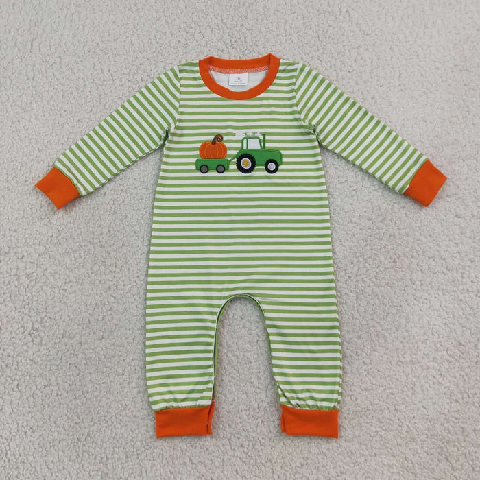 Sibling Baby Boys Embroidery  Pumpkin Truck Striped Outfit +Romper
