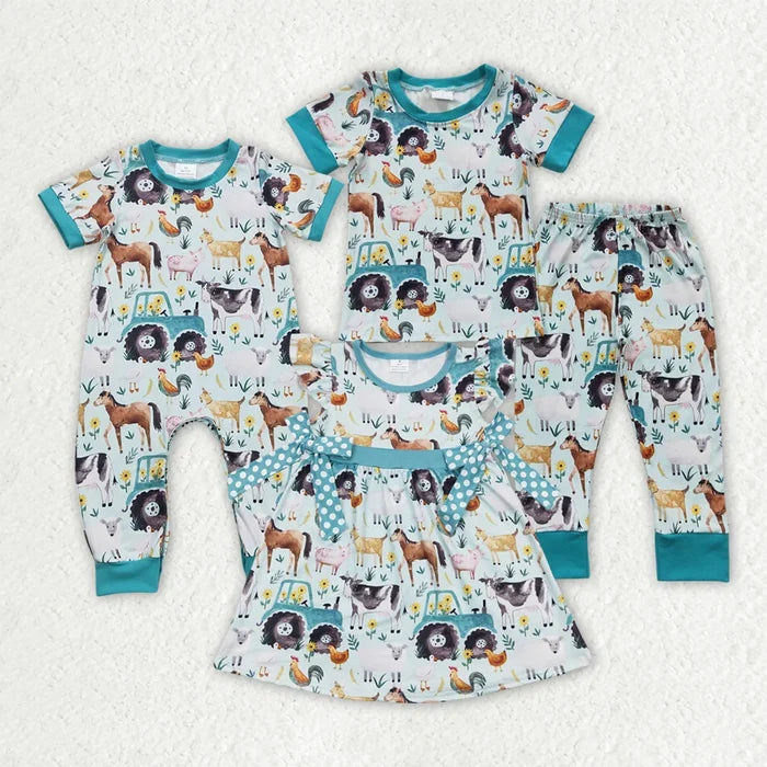 Sibling Baby Boys Farm Animal Short Sleeve Pajama Set Dress and Romper