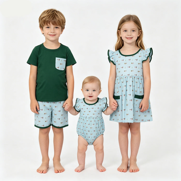 Sibling Baby Boys Girls Ducks Hunting Shorts Set Pockets Knee Length Dress Rompers