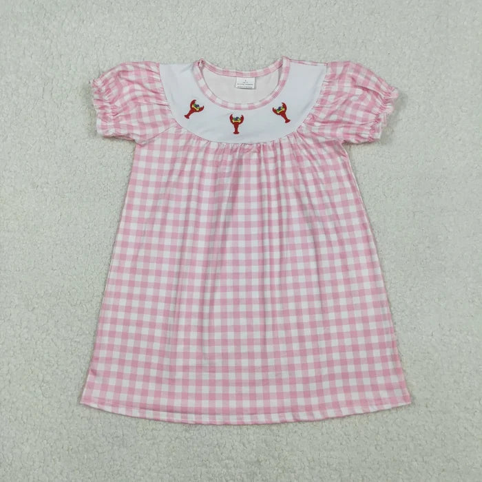 Sibling Baby Boys Girls Embroidery Anchor Crayfishes Mardigras Checked Clothes Set Dress Romper