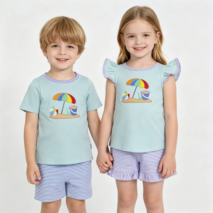 Sibling Baby Boys Girls Embroidery Beach Top Stripe Shorts Clothes Sets