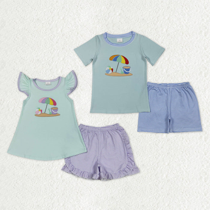 Sibling Baby Boys Girls Embroidery Beach Top Stripe Shorts Clothes Sets