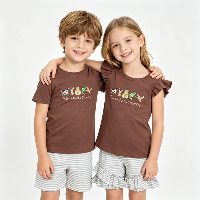 Sibling Baby Boys Girls Embroidery This is God'd Country Top Stripe Shorts Hunting Clothes Sets