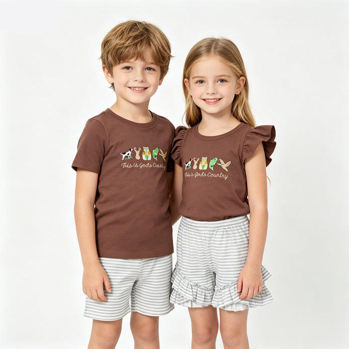 Sibling Baby Boys Girls Embroidery This is God'd Country Top Stripe Shorts Hunting Clothes Sets