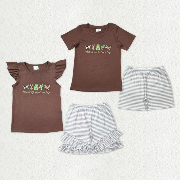Sibling Baby Boys Girls Embroidery This is God'd Country Top Stripe Shorts Hunting Clothes Sets