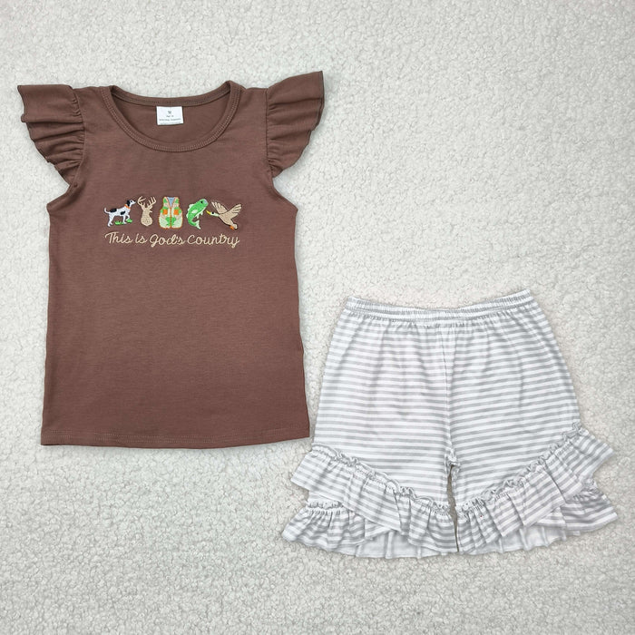 Sibling Baby Boys Girls Embroidery This is God'd Country Top Stripe Shorts Hunting Clothes Sets