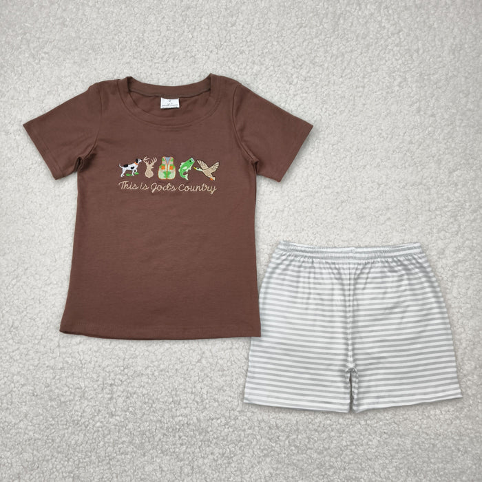 Sibling Baby Boys Girls Embroidery This is God'd Country Top Stripe Shorts Hunting Clothes Sets