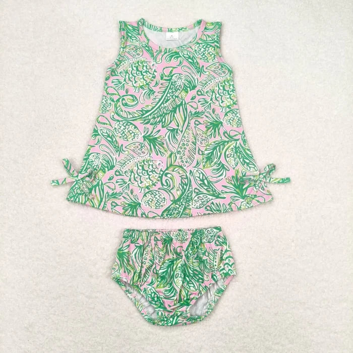 Sibling Baby Boys Girls Green Leaves Fish Summer Outfits Clothes Sets Shirts Tunic Dresses