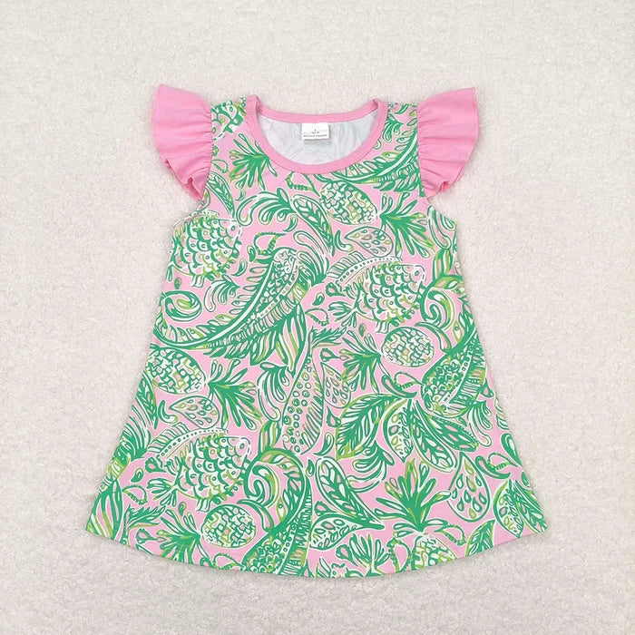 Sibling Baby Boys Girls Green Leaves Fish Summer Outfits Clothes Sets Shirts Tunic Dresses