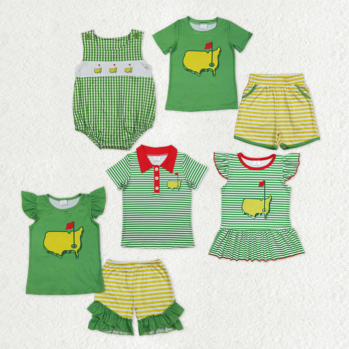 Sibling Baby Boys Girls Green Stripes Golf Shirts Pockets Shorts Clothes Set Sleeveless Romper