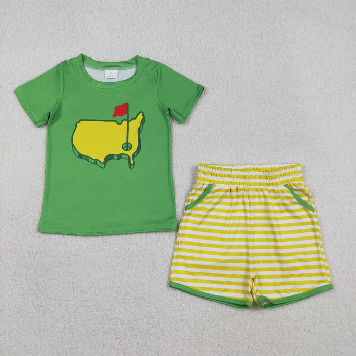 Sibling Baby Boys Girls Green Stripes Golf Shirts Pockets Shorts Clothes Set Sleeveless Romper