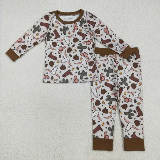 Sibling Baby Boys Girls Long Sleeve Bull Skulls Boots Hats Top Pants Western Pajamas Sets