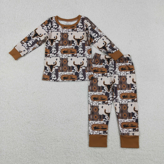 Sibling Baby Boys Girls Long Sleeve Bull Skulls Boots Hats Top Pants Western Pajamas Sets