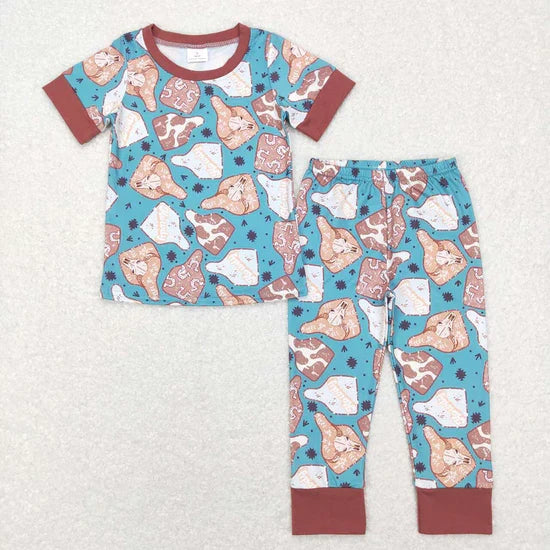 Sibling Baby Boys Girls Short Sleeve Cows Aztec Horses Top Pants Western Pajamas Sets