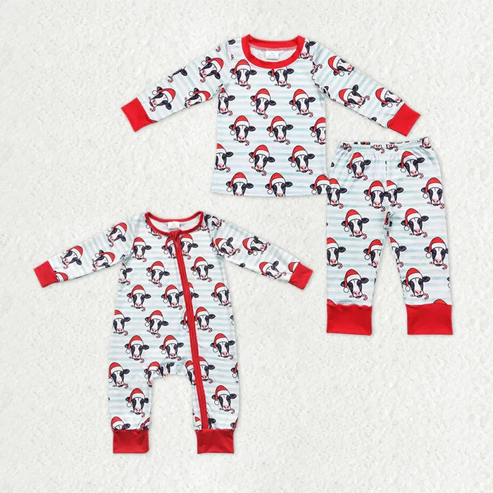 Sibling Baby Boys Light Blue Stripe Hats Cows Top Pants Christmas Pajamas Sets Zipper Rompers