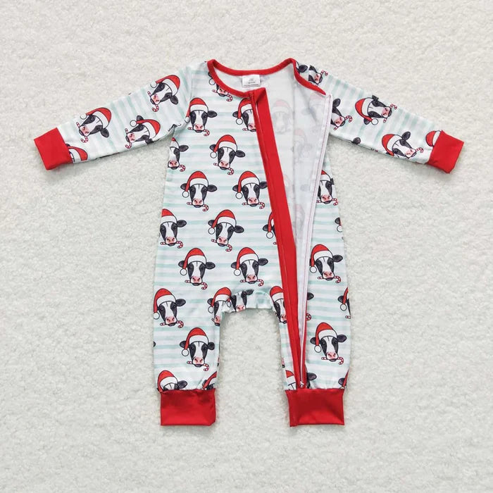 Sibling Baby Boys Light Blue Stripe Hats Cows Top Pants Christmas Pajamas Sets Zipper Rompers