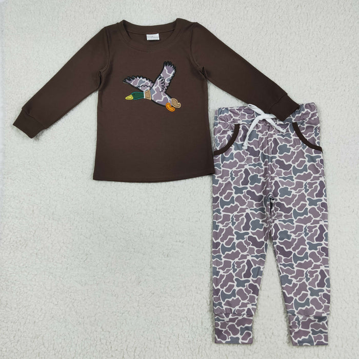 Sibling Baby Boys Long Sleeve Embroidery Ducks Top Pockets Pants Hunting Clothes Sets