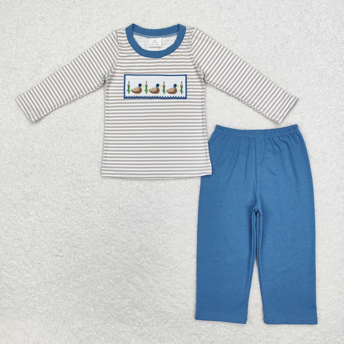 Sibling Baby Boys Long Sleeve Embroidery Ducks Top Pockets Pants Hunting Clothes Sets