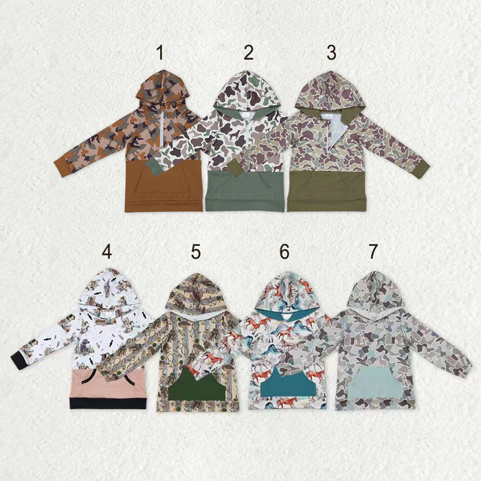 Sibling Baby Boys Long Sleeves Southern Hunting Camo Horses Zip Pockets Hoodies Top