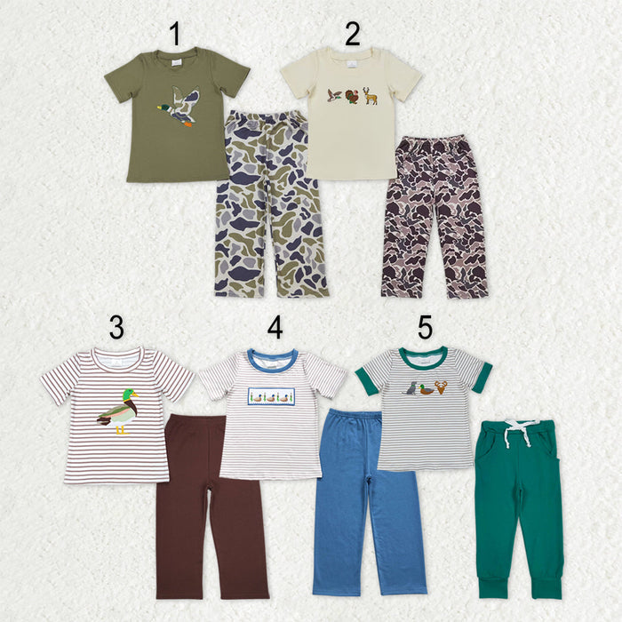 Sibling Baby Boys Short Sleeve Embroidery Ducks Top Camo Pants Hunting Clothes Sets