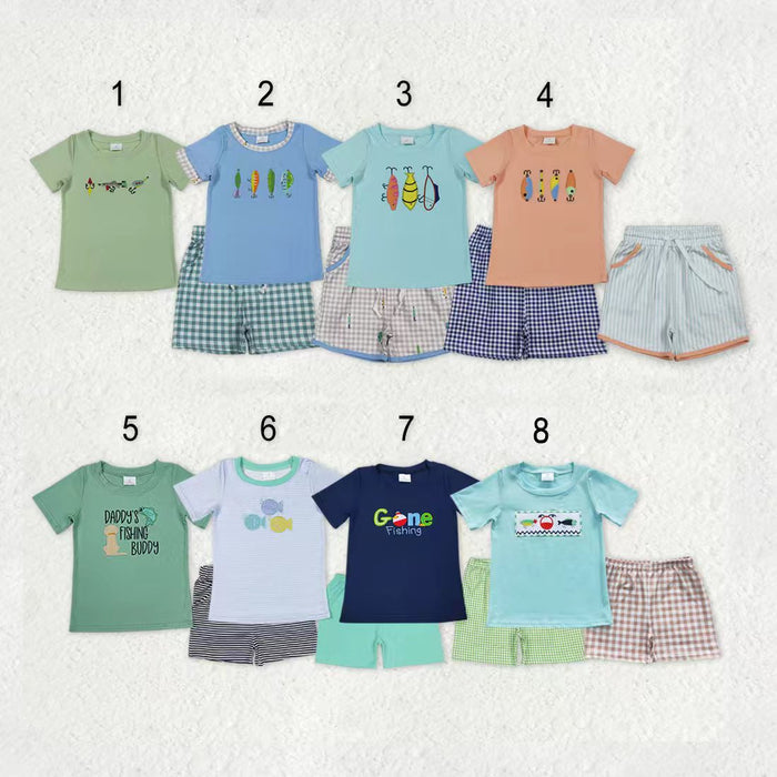 Sibling Baby Boys Short Sleeve Embroidery Fishing Top Shorts Hunting Clothes Sets