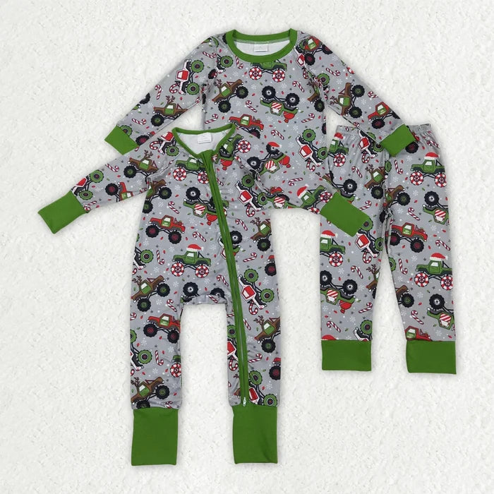 Sibling Baby Boys Trucks Candy Cane Christmas Pants Pajamas Sets Zipper Rompers