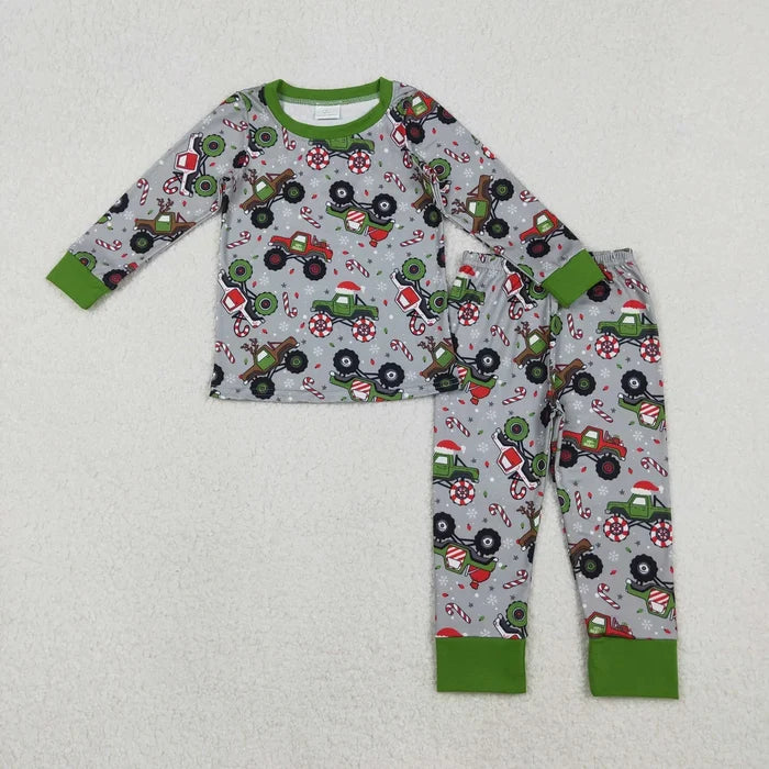 Sibling Baby Boys Trucks Candy Cane Christmas Pants Pajamas Sets Zipper Rompers