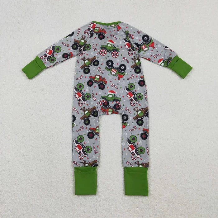 Sibling Baby Boys Trucks Candy Cane Christmas Pants Pajamas Sets Zipper Rompers