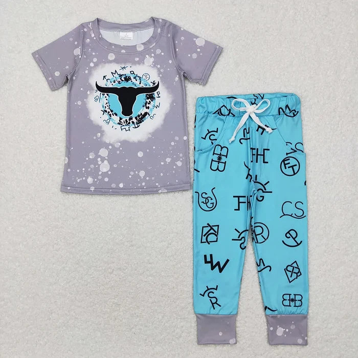 Sibling Baby Boys Western Cowboy Short Sleeve Top Jogger Pants Outfit