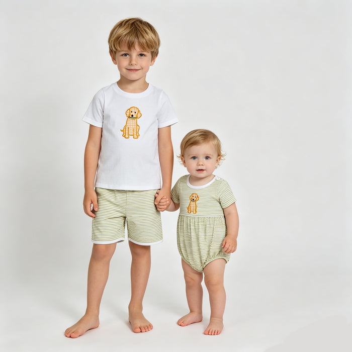 Sibling Baby Embroidery Puppy Striped Shorts Outfit Romper