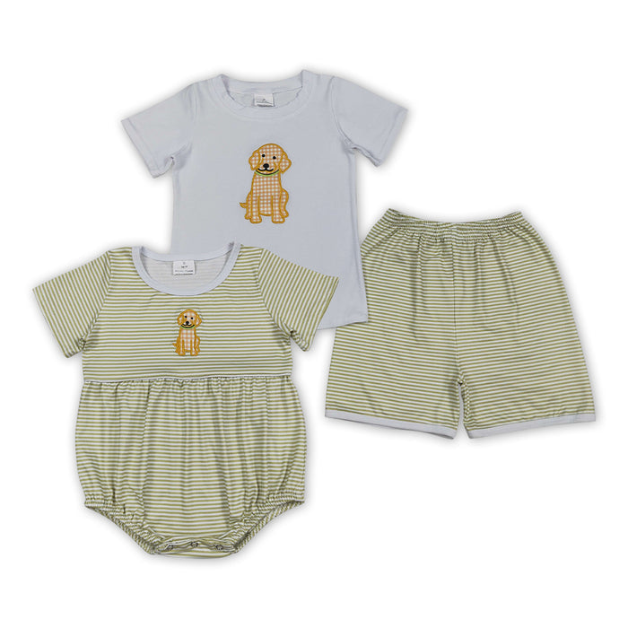 Sibling Baby Embroidery Puppy Striped Shorts Outfit Romper