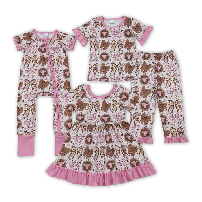 Sibling Baby Girls Bows Highland Cows Ruffle Pants Western Pajamas Set Ruffle Dress Zipper Romper