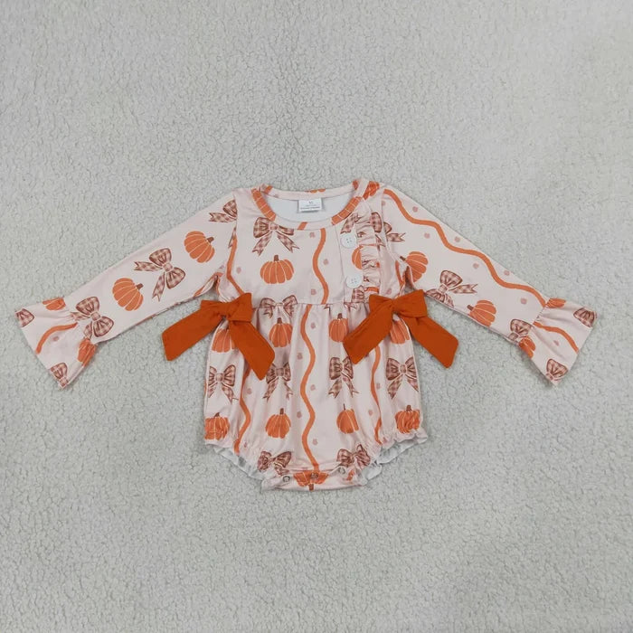 Sibling Baby Girls Bows Pumpkins Button Tunic Ruffle Pants Fall Clothes Set Rompers