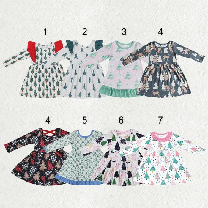 Sibling Baby Girls Bows Trees Plaid Christmas Ruffle Knee Length Dresses